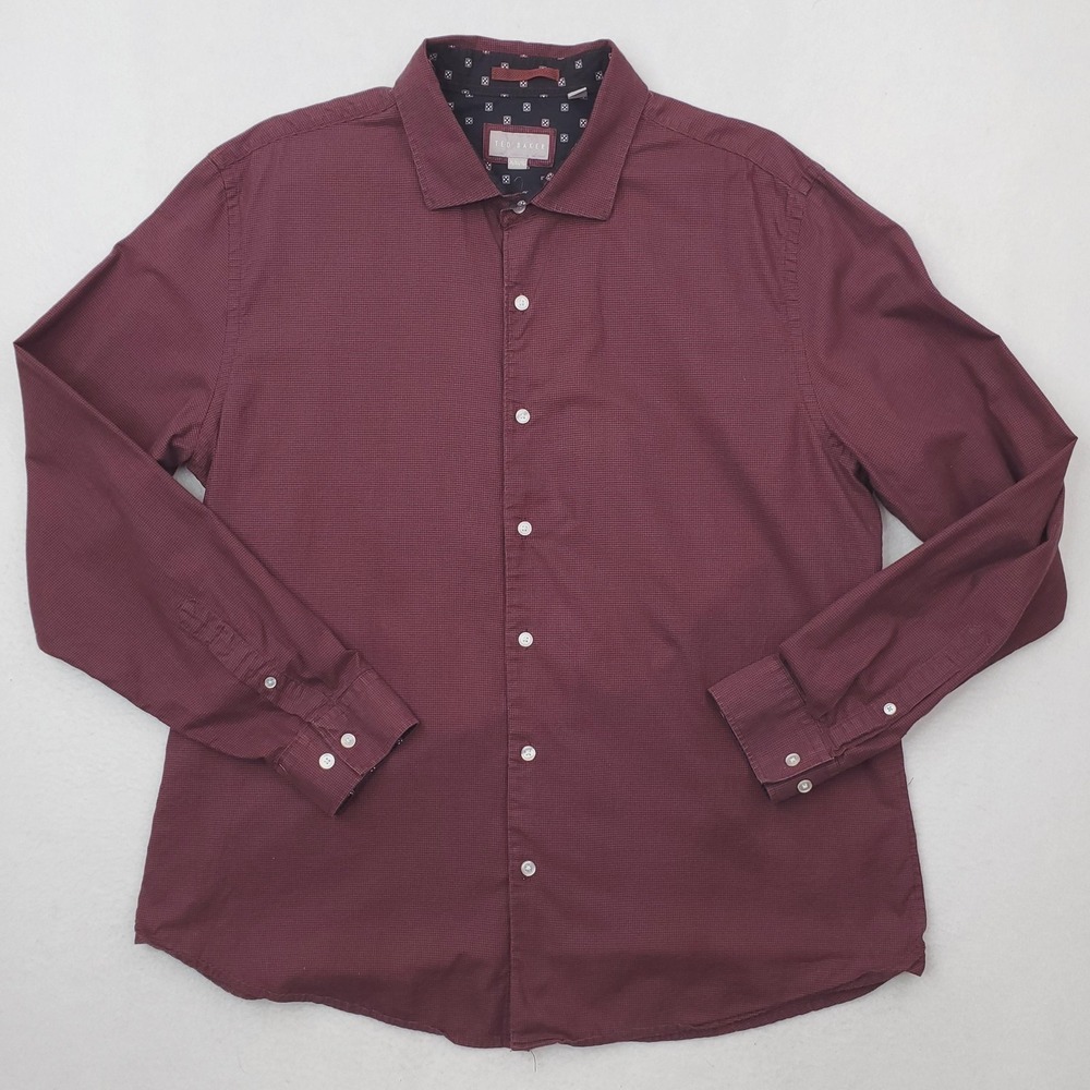 Ted Baker Shirt Men XL Red Micro Houndstooth Button Up Long Sleeve Casual Cotton
